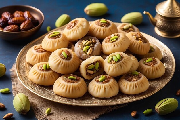 Photo arabic cuisine maamoul with dates pistachio or walnuts