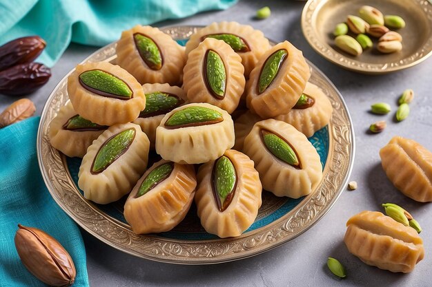 Photo arabic cuisine maamoul with dates pistachio or walnuts