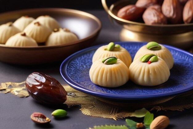 Photo arabic cuisine maamoul with dates pistachio or walnuts