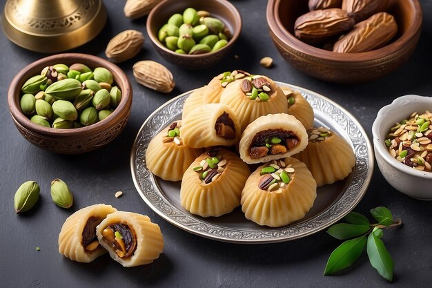 Photo arabic cuisine maamoul with dates pistachio or walnuts