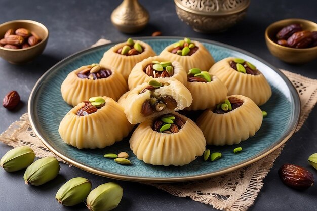 Photo arabic cuisine maamoul with dates pistachio or walnuts