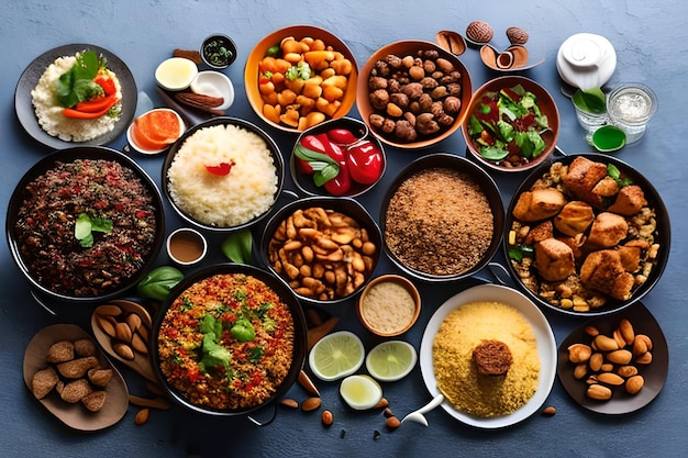 Arabic Cuisine Middle Eastern traditional lunch It's also Ramadan Iftar The meal eaten by Muslims after sunset during Ramadan Assorted of Arabic oriental dishes top view with close up