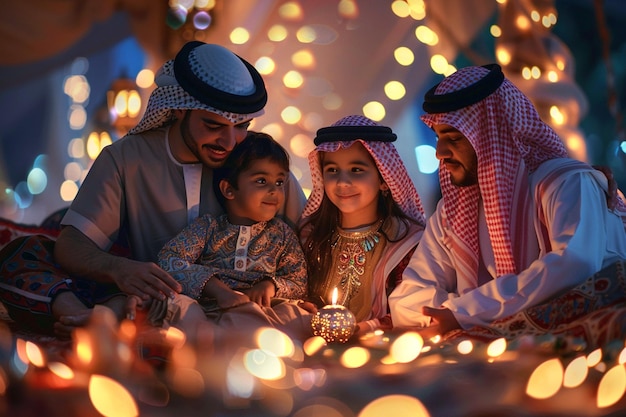 Photo an arabic family enjoying the sparkle of the festivity during festival celebration ramadan concept