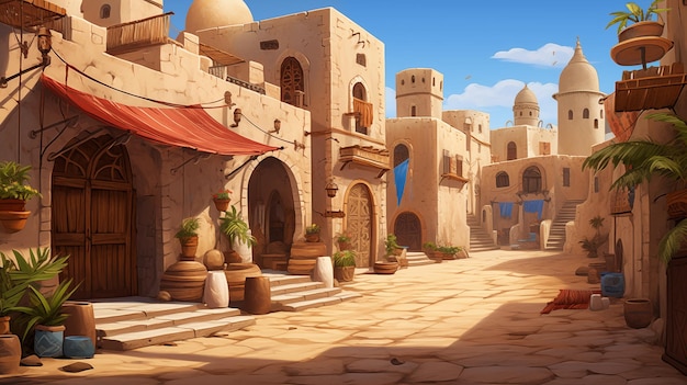 an arabic fantasy atmosphere of a street full of buildings