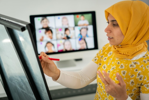 Arabic female teacher working with children online school during pandemic