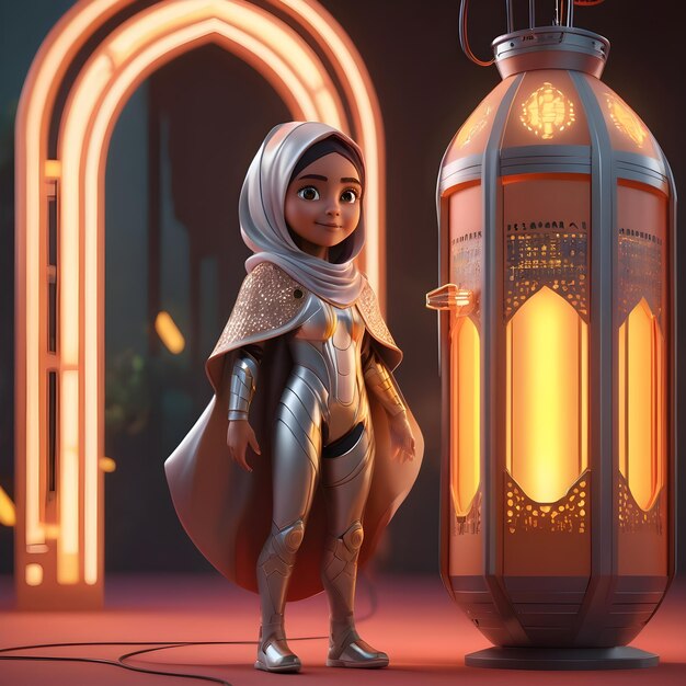 Arabic girl superhero character and Ramadan lantern