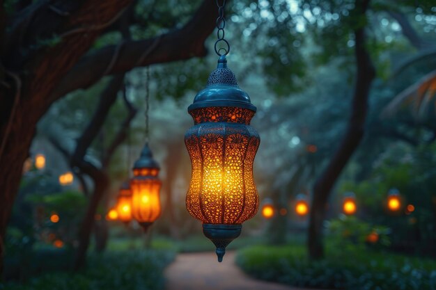 이슬람 분위기 전문 사진으로 두꺼운 어두운 밤에 아랍어 매달려 등불