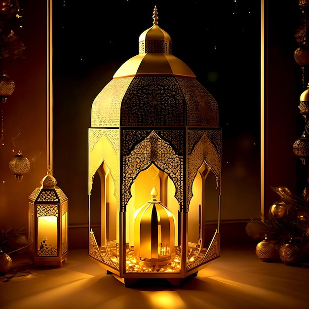 Arabic holiday design with glowing golden lanternsislamic window