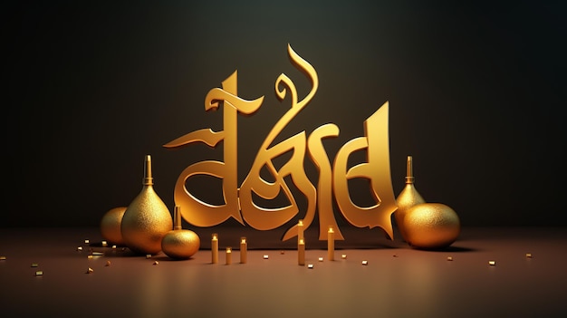 Photo arabic islamic calligraphy of golden text eid mubarak on abstract dark background