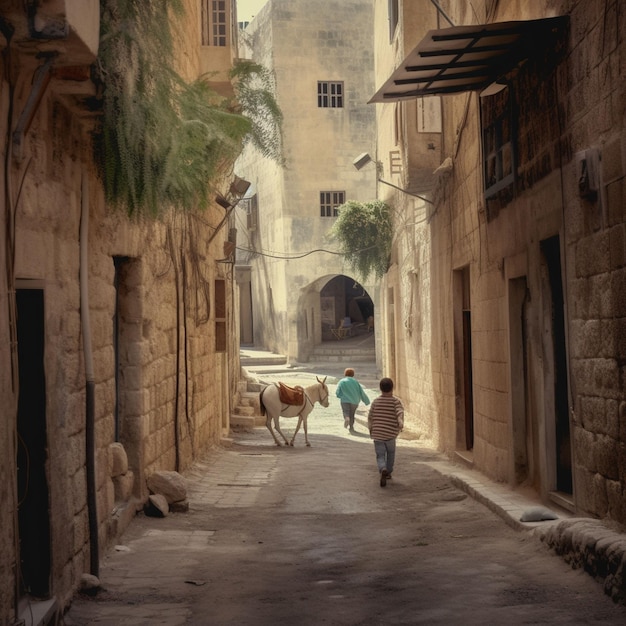 Photo arabic kids in street at war in palestine in aqsa