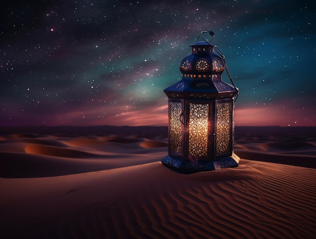 Arabic lantern adha mubarak with light turned on in desert on background of starry sky