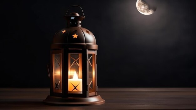 Arabic lantern and night sky with waning crecent moon in the background RAMADAN Generative AI