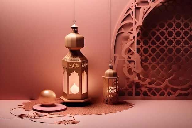 Arabic lantern on pink background copy space Ramadan Generative AI