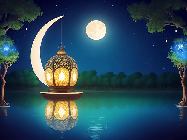 Arabic lantern of Ramadan celebration green and white background ai generation