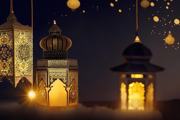 Arabic lantern with a burning candle 3D Illustration