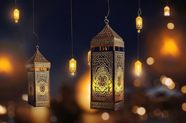 Arabic lantern with a burning candle 3D Illustration