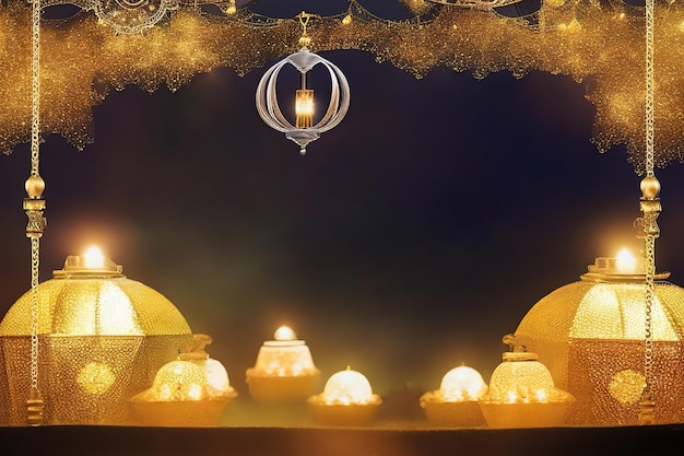 Arabic lantern with a burning candle 3D Illustration