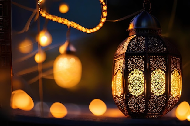 Arabic lantern with a burning candle 3D Illustration