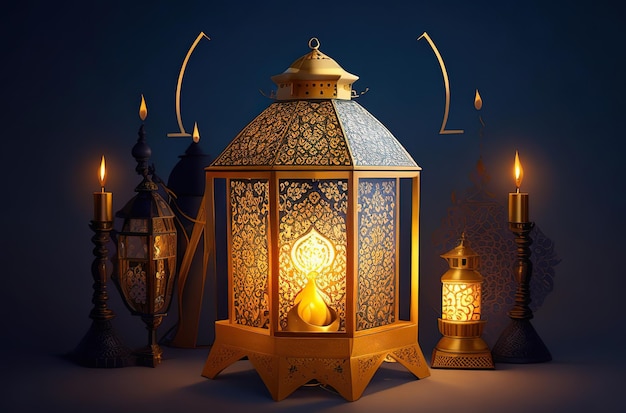 Arabic lantern with a burning candle 3D Illustration