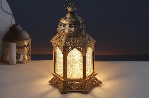 불타는 촛불 3D 일러스트와 함께 아랍어 랜턴
