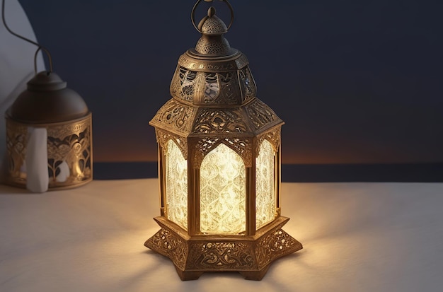 Arabic lantern with a burning candle 3D Illustration