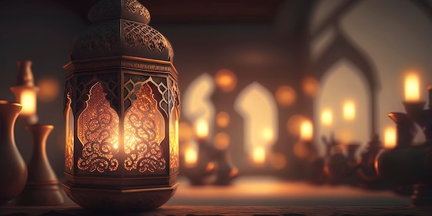 Arabic lantern with burning candle AIGenerated