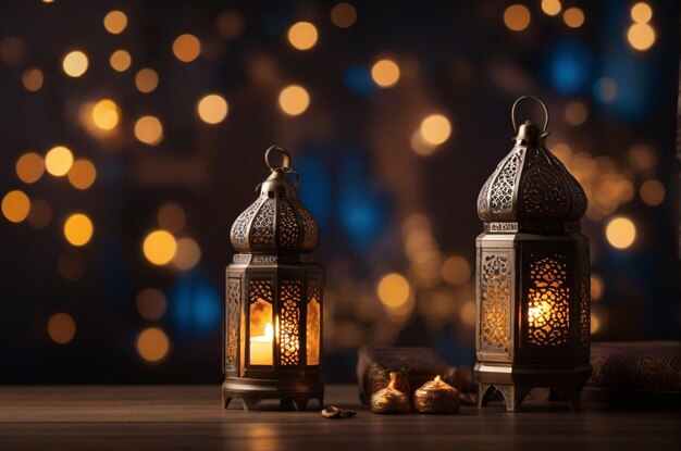 Arabic lantern with burning candle and bokeh lights in background ramadan