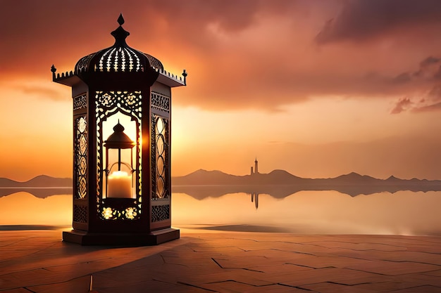 Arabic lantern with burning candle glowing Islamic Background Eid al Adha