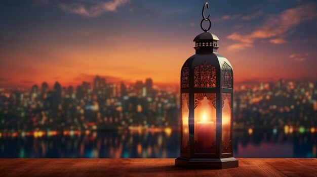 Photo arabic lantern with a burning candle glowing at night is an invitation for ramadan kareem