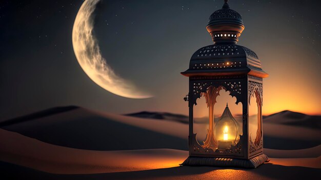 ろうそくが燃えているアラビア語のランタンと、背景に欠けている三日月がある夜空 RAMADAN Generative AI