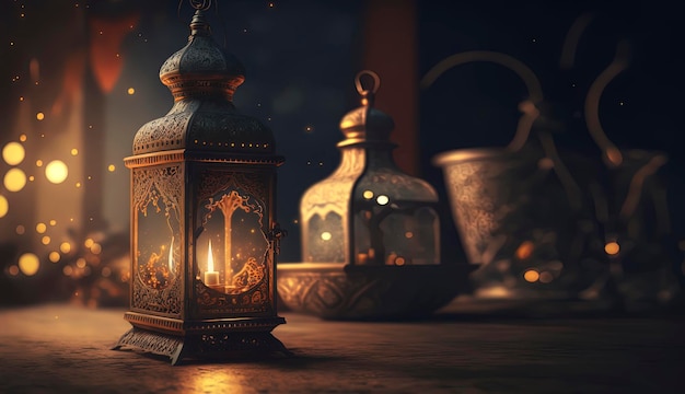 Arabic lantern with burning candle ramadan Generative AI