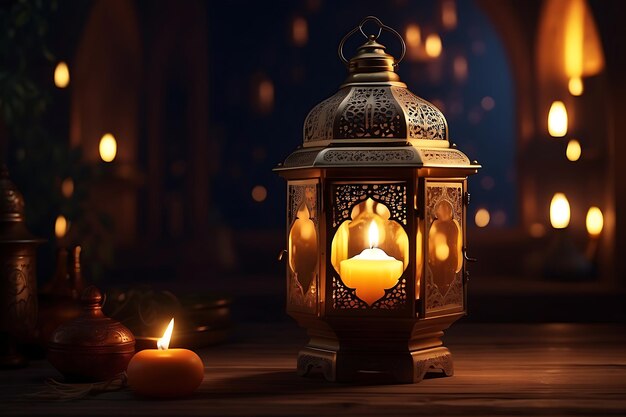 Arabic lantern with burning candle ramadan