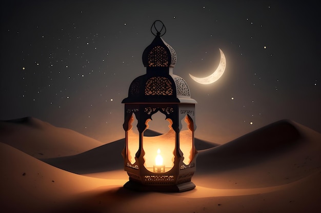 Arabic lantern with burning candle shining at night moon over sandy desert Ramadan Generative AI 2