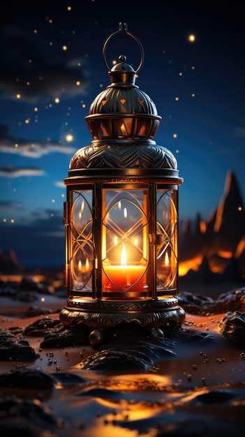 Arabic lantern with burning candle shining at night moon over sandy desert Ramadan
