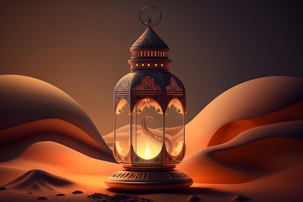 Arabic lantern with burning candle shining at night the sandy desert Ramadan Generative AI 4