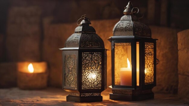 Photo arabic lantern with burning candle