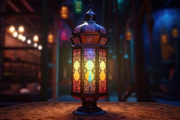 Photo the arabic lantern with colorful lights on it