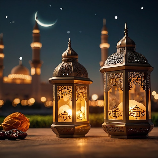 Arabic lanterns and dates with bookeh mosque background creative ai