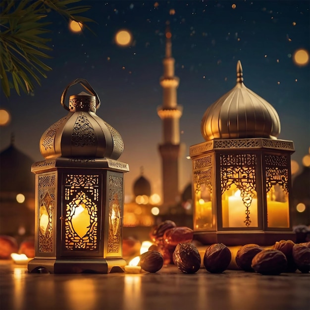 Arabic lanterns and dates with bookeh mosque background creative ai