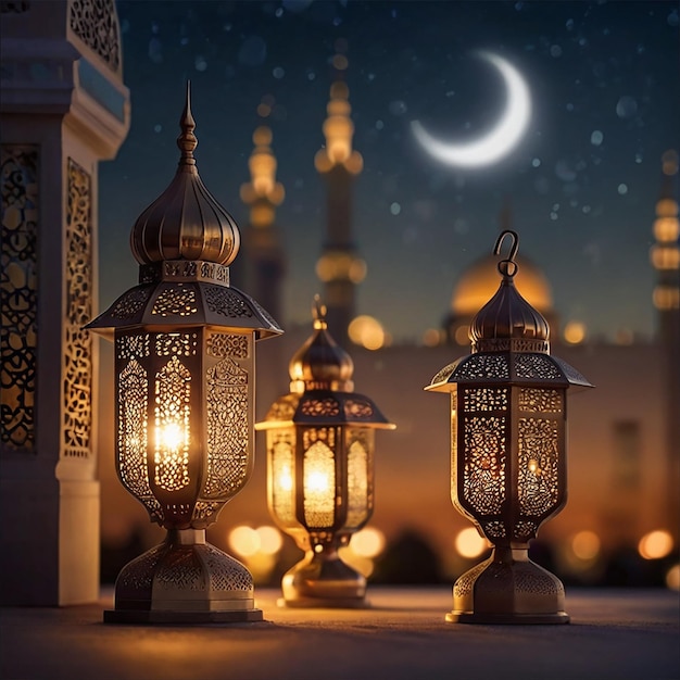 Arabic lanterns and dates with bookeh mosque background creative ai