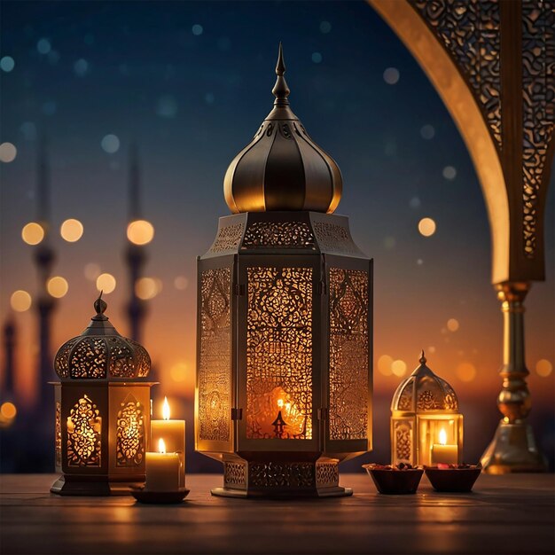 Arabic lanterns and dates with bookeh mosque background creative ai