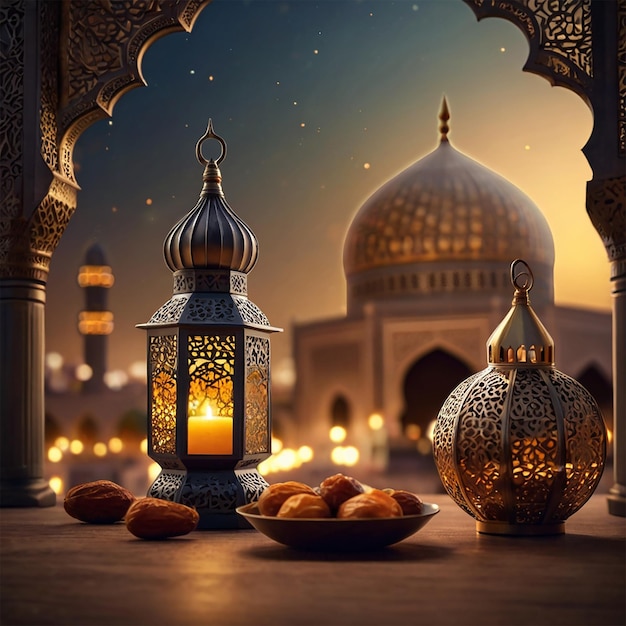 Arabic lanterns and dates with bookeh mosque background creative ai