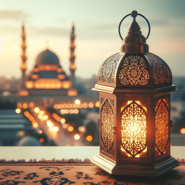 Foto lanterne arabe e datteri con sfondo di moschea bookeh creative ai