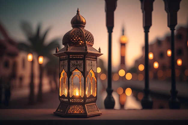 arabic lanterns and dates with bookeh mosque background, creative ai