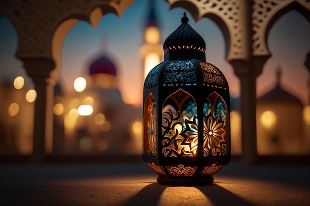 arabic lanterns and dates with bookeh mosque background, creative ai