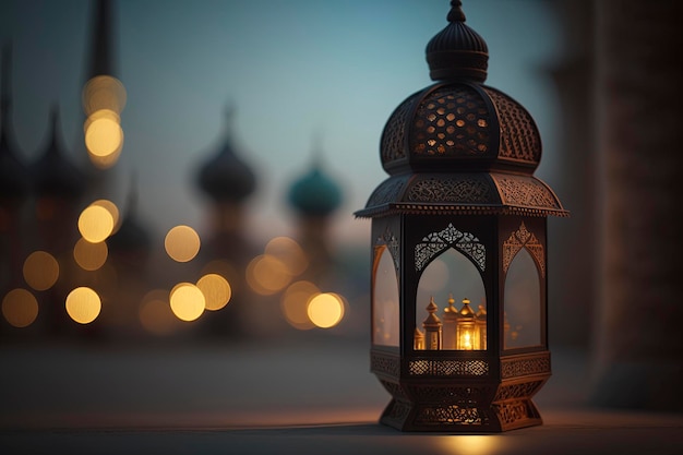 arabic lanterns and dates with bookeh mosque background, creative ai