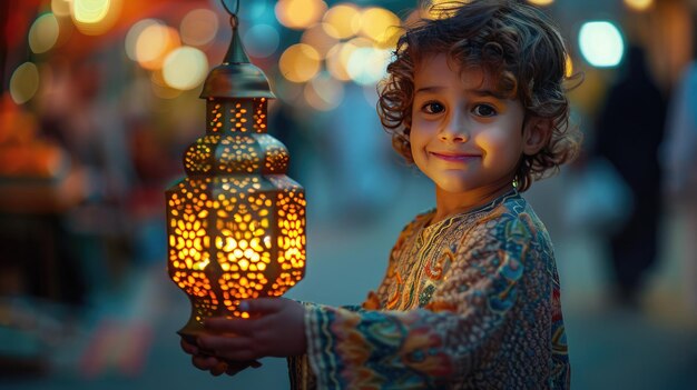 Arabic little boy in traditional Muslim clothing holds lit lantern in honor of Ramadan or Eid alAdha