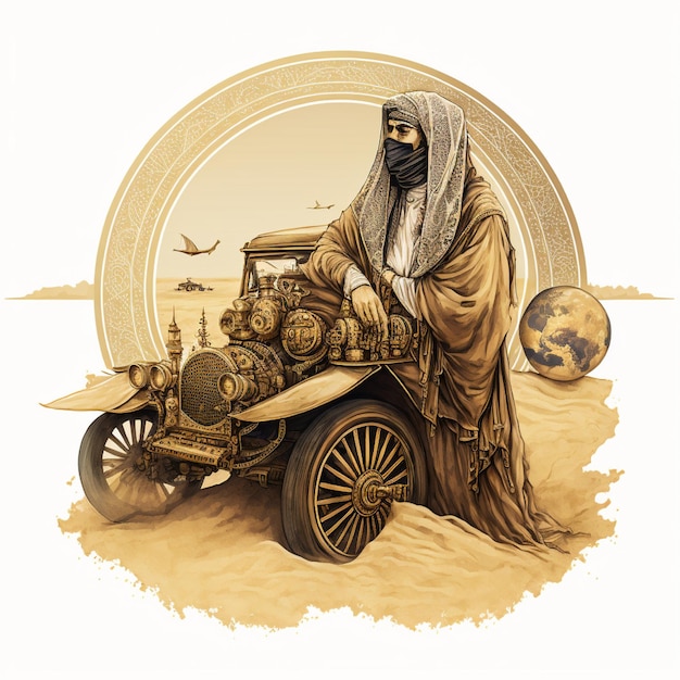 Arabic man wearing heritage middle eastern clothes and riding fancy car in a desert