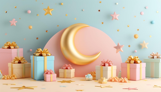 Arabic moon gifts and balloons Ramadan Islamic background Eid Mubarak 3d rendering