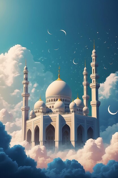 Arabic mosque in clouds ramadan kareem background banner islamic holiday generative ai